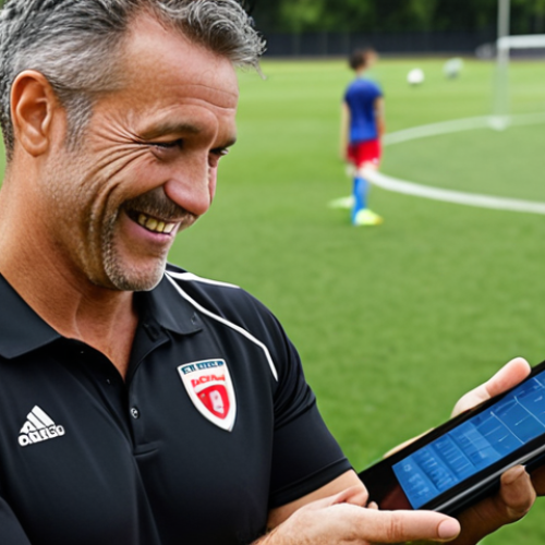 Home 4 **
A soccer coach looking relieved and smiling while looking at a tablet showing player availability and injury status. The tablet screen shows player profiles with key information centralized. The background should feature a soccer field blurred out, with a slight impression of a training session. Focus on conveying ease and organization.
**