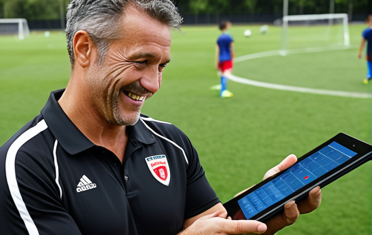 **
A soccer coach looking relieved and smiling while looking at a tablet showing player availability and injury status. The tablet screen shows player profiles with key information centralized. The background should feature a soccer field blurred out, with a slight impression of a training session. Focus on conveying ease and organization.
**