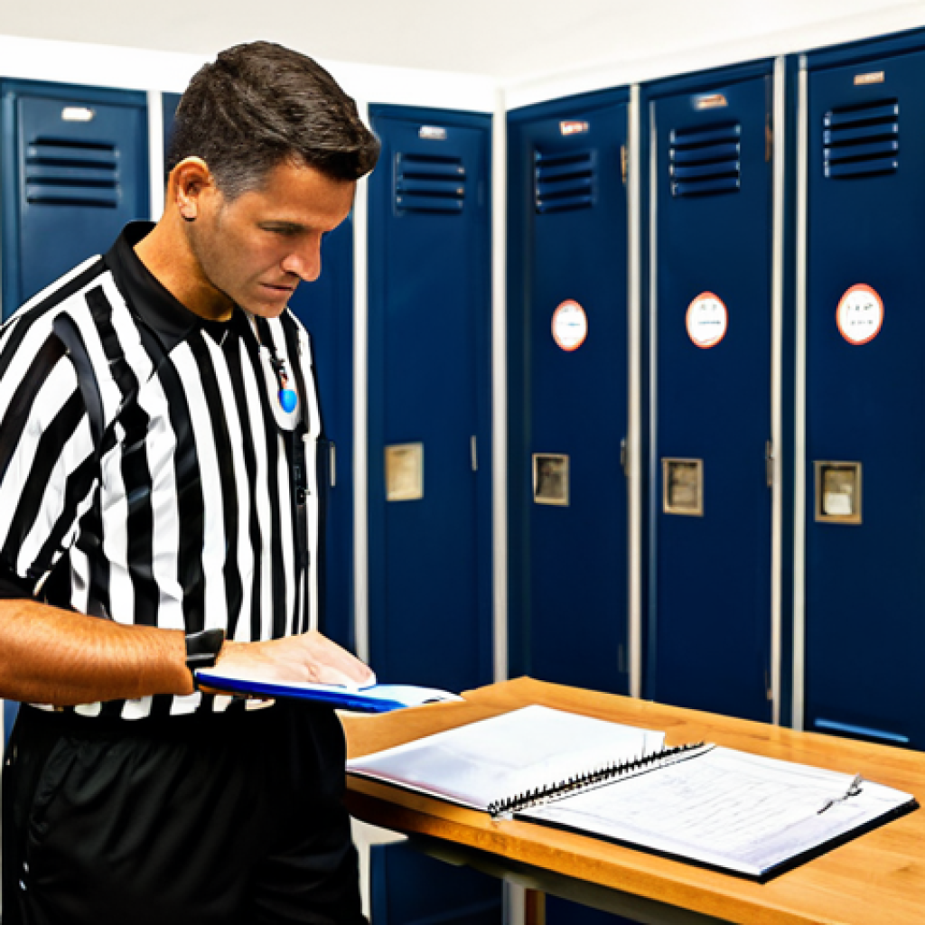Pre-Match Preparation**

"A soccer referee in professional attire, fully clothed in a classic black and white uniform, meticulously reviewing notes in a brightly lit locker room. Focus on the referee's focused expression and the details of the preparation materials (clipboard, rulebook). Background elements include a clean bench and neatly hung uniform. Safe for work, appropriate content, perfect anatomy, natural pose, well-formed hands, proper finger count, high-quality rendering, professional, family-friendly."

**