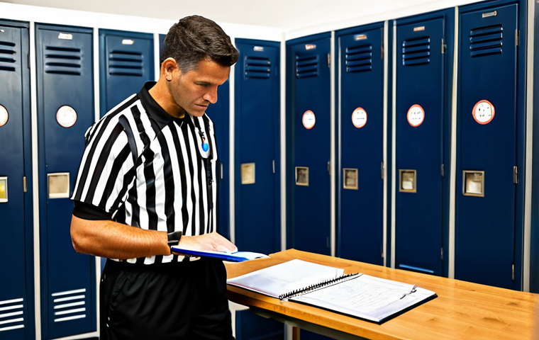Pre-Match Preparation**

"A soccer referee in professional attire, fully clothed in a classic black and white uniform, meticulously reviewing notes in a brightly lit locker room. Focus on the referee's focused expression and the details of the preparation materials (clipboard, rulebook). Background elements include a clean bench and neatly hung uniform. Safe for work, appropriate content, perfect anatomy, natural pose, well-formed hands, proper finger count, high-quality rendering, professional, family-friendly."

**