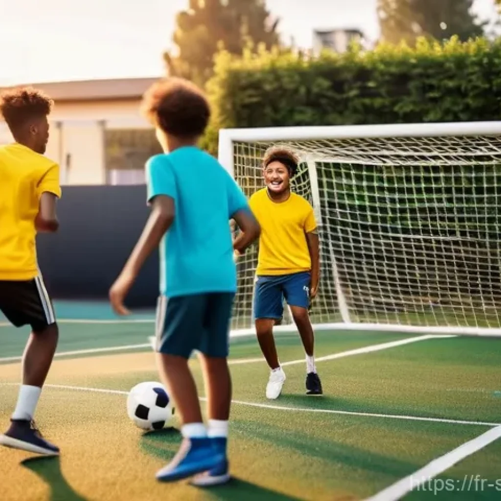 축구 미니게임 규칙 - **Prompt:** A dynamic, wide-angle shot of a vibrant 3v3 mini-football match taking place on an aspha...