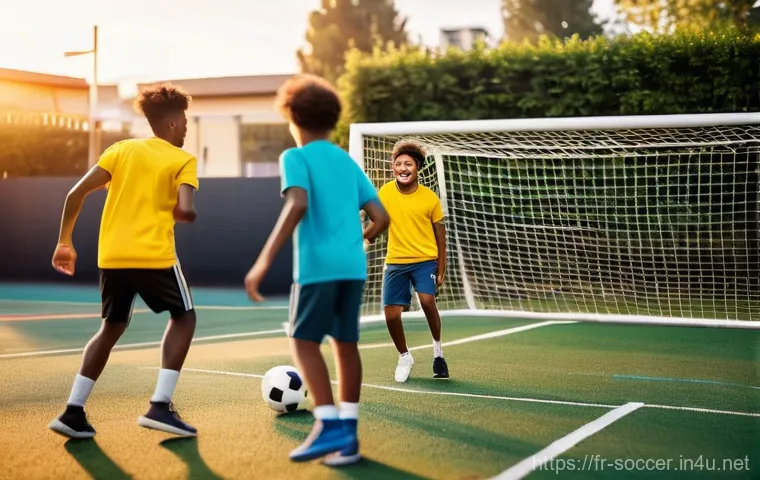 축구 미니게임 규칙 - **Prompt:** A dynamic, wide-angle shot of a vibrant 3v3 mini-football match taking place on an aspha...