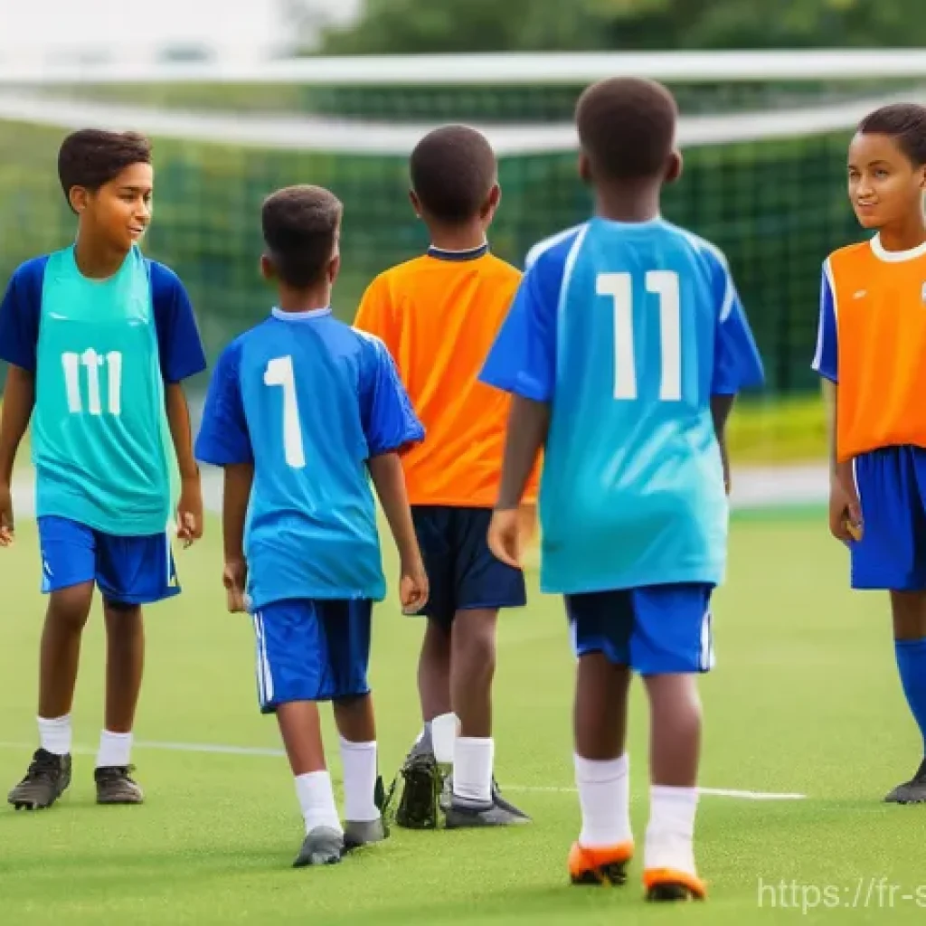 축구 클럽 간의 협력 사례 - **Prompt:** A dynamic scene depicting a diverse group of young, aspiring football players, aged 10-1...
