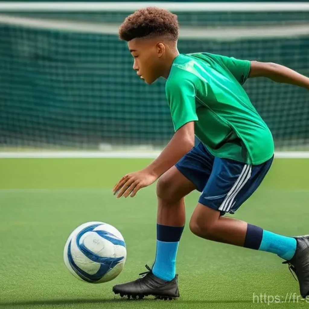 축구 개인 훈련 장비 - **Dynamic Ball Control and Agility Drill**
    A focused young male football player, approximately 1...