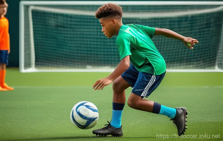 축구 개인 훈련 장비 - **Dynamic Ball Control and Agility Drill**
    A focused young male football player, approximately 1...