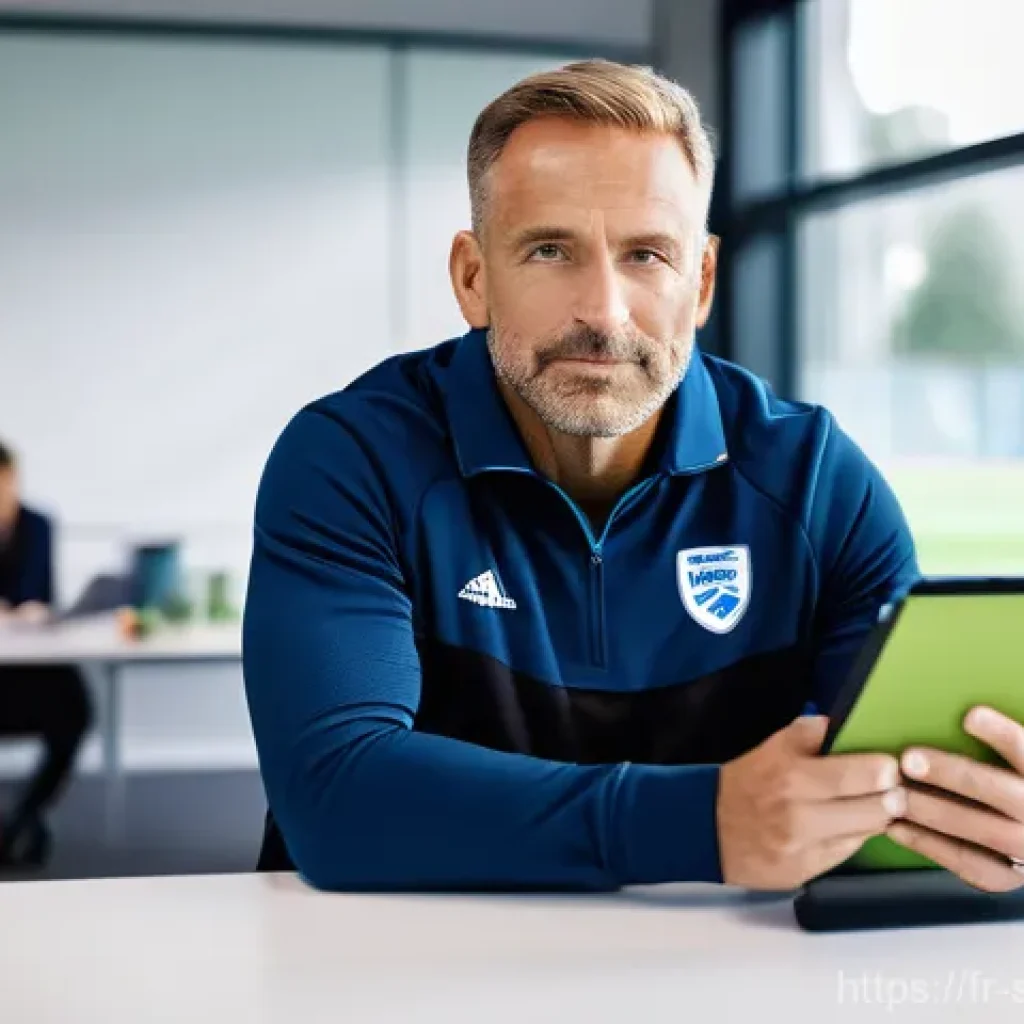 축구 팀 명단 관리 툴 - A male football coach in his late 40s, with a calm and confident expression, is seated at a clean, m...