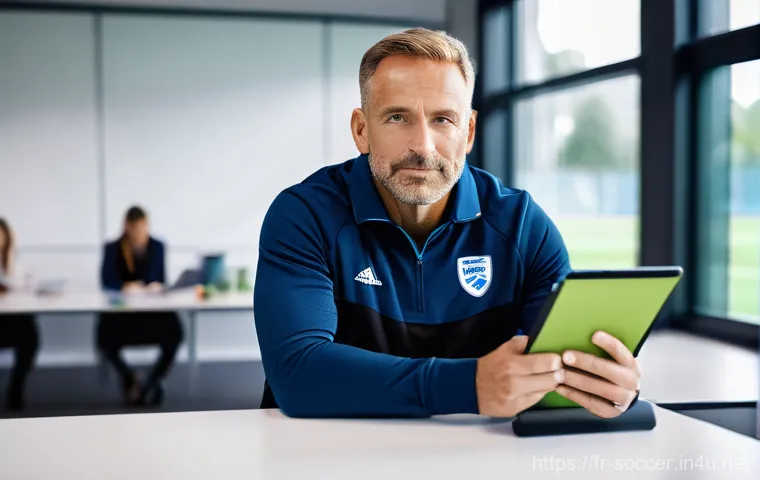 축구 팀 명단 관리 툴 - A male football coach in his late 40s, with a calm and confident expression, is seated at a clean, m...