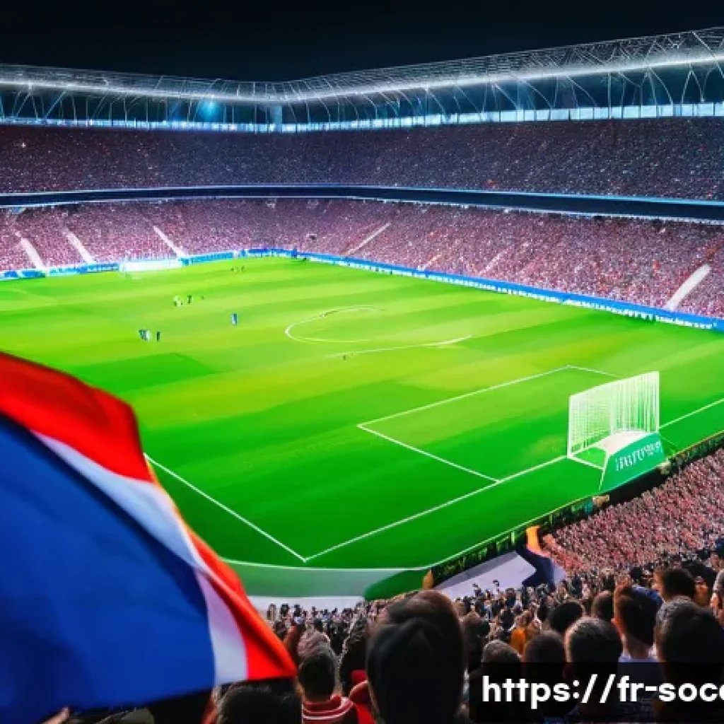 축구 마케팅 성공 사례 - A vibrant stadium scene during a European football match, capturing thousands of passionate French f...