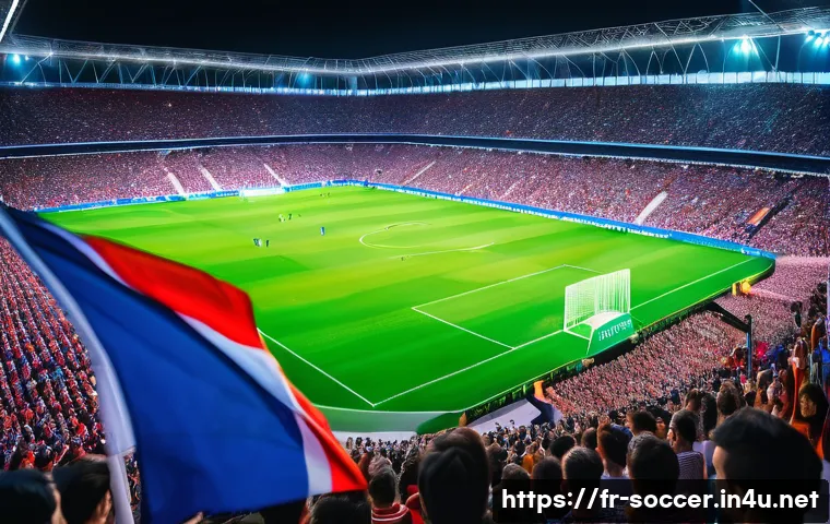 축구 마케팅 성공 사례 - A vibrant stadium scene during a European football match, capturing thousands of passionate French f...