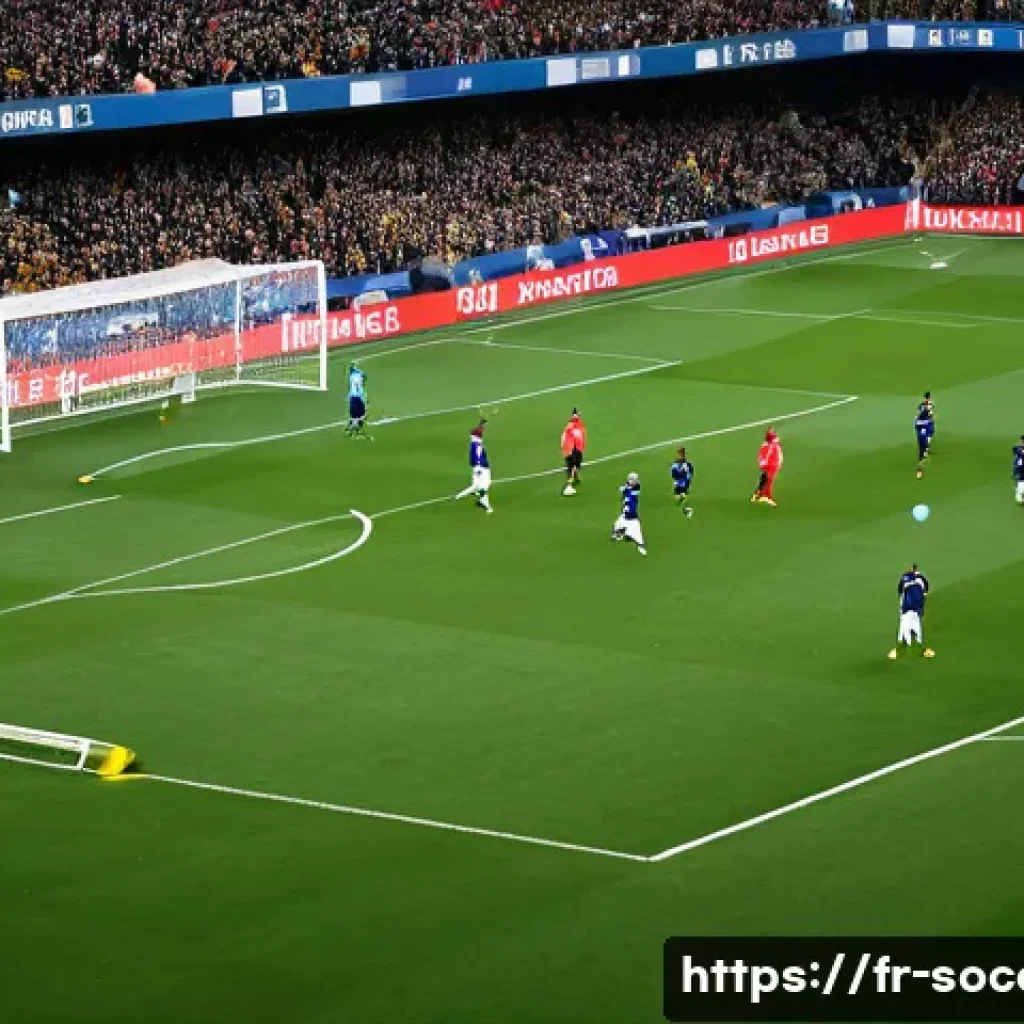 축구 전술 가이드 - A dynamic football match scene showcasing a 4-3-3 formation in action on a lush green stadium pitch ...
