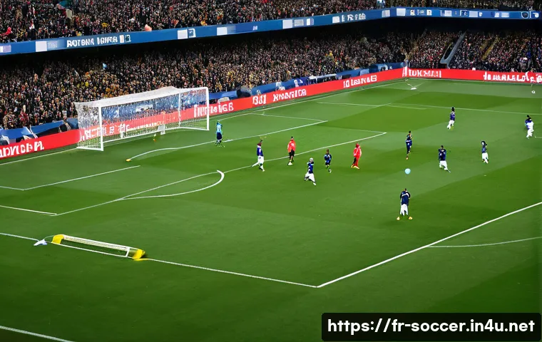 축구 전술 가이드 - A dynamic football match scene showcasing a 4-3-3 formation in action on a lush green stadium pitch ...