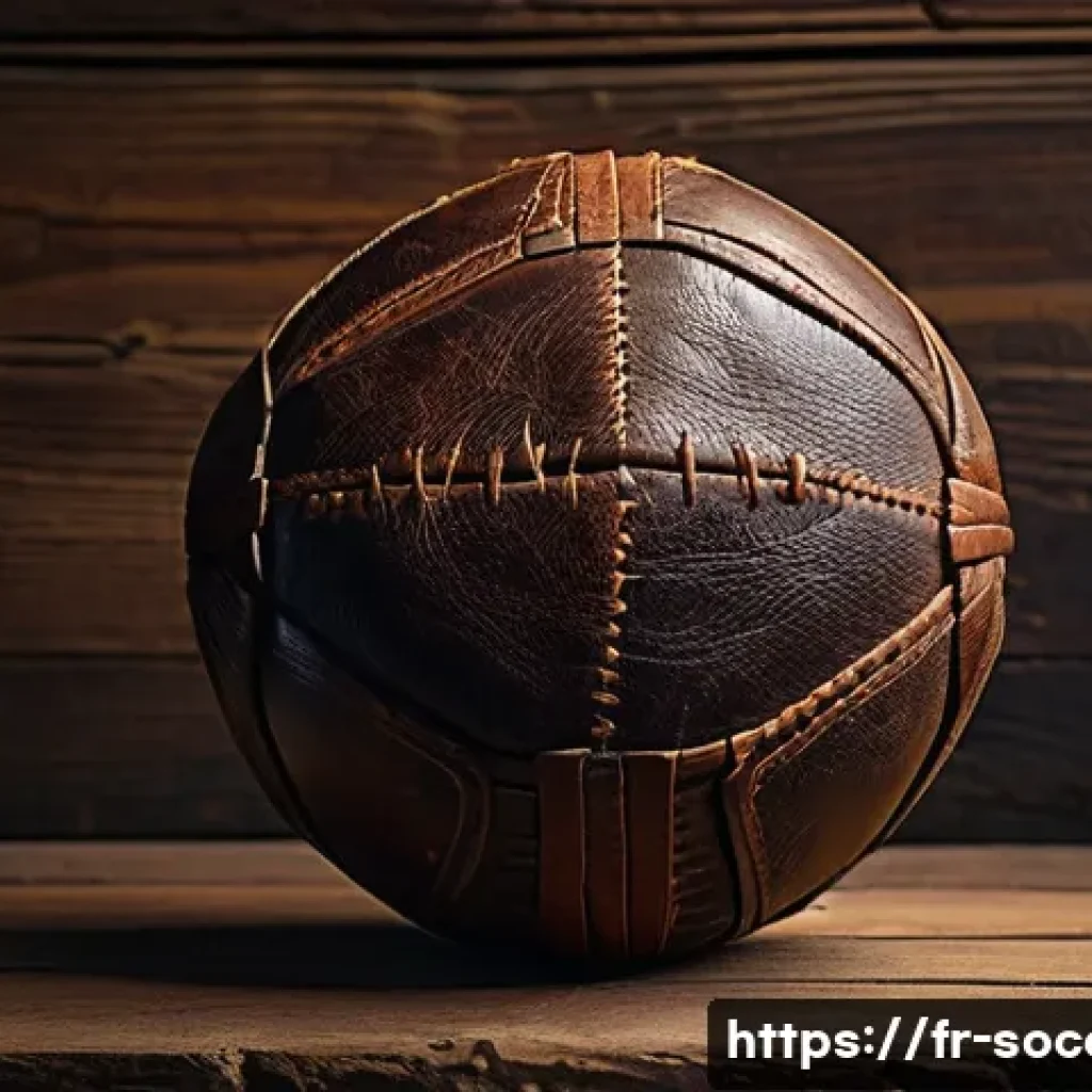 축구 공의 역사 - A detailed, close-up image of a traditional handcrafted medieval football made from natural material...