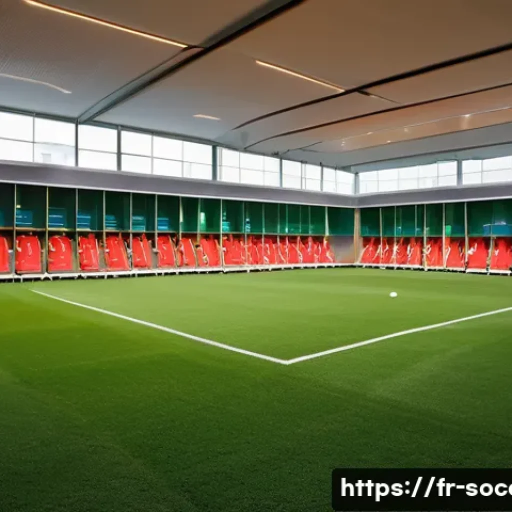 축구 훈련장 선택 기준 - A modern football training ground in France featuring a well-maintained natural grass pitch with viv...