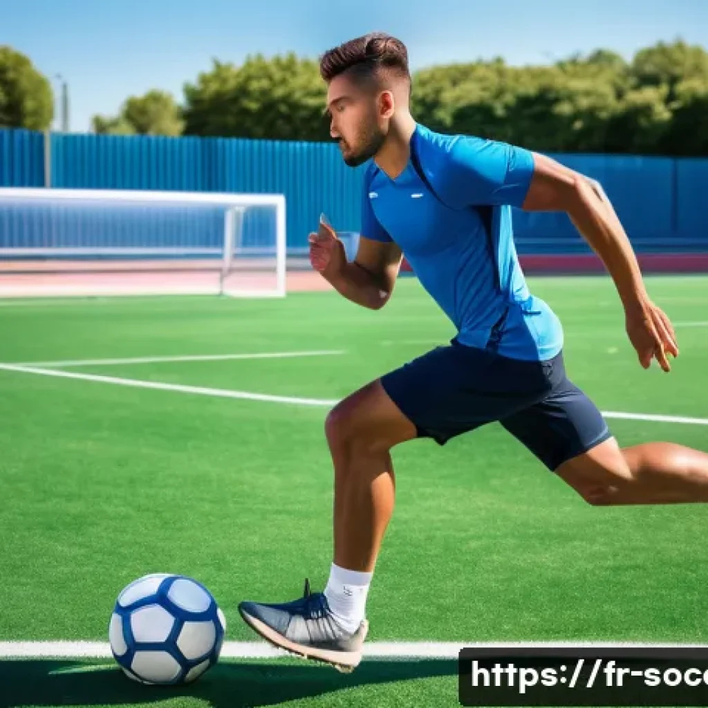 축구 선수 필수 체력 훈련 - A dynamic scene of a young male soccer player performing high-intensity interval training on a green...