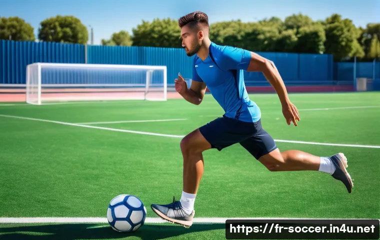 축구 선수 필수 체력 훈련 - A dynamic scene of a young male soccer player performing high-intensity interval training on a green...