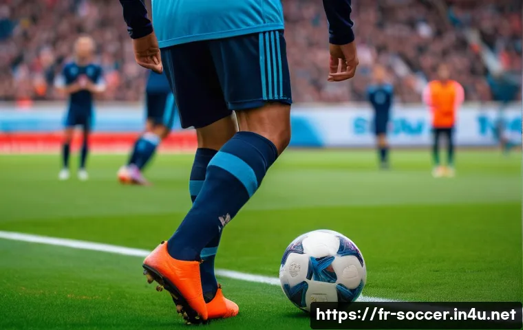 축구 코너킥 훈련법 - A professional soccer player preparing to take a corner kick on a well-maintained stadium pitch duri...