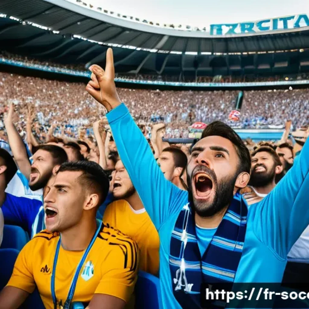축구 팬들의 행동 심리 - A passionate French football supporter in a bustling stadium during a match, wearing a lucky Olympiq...