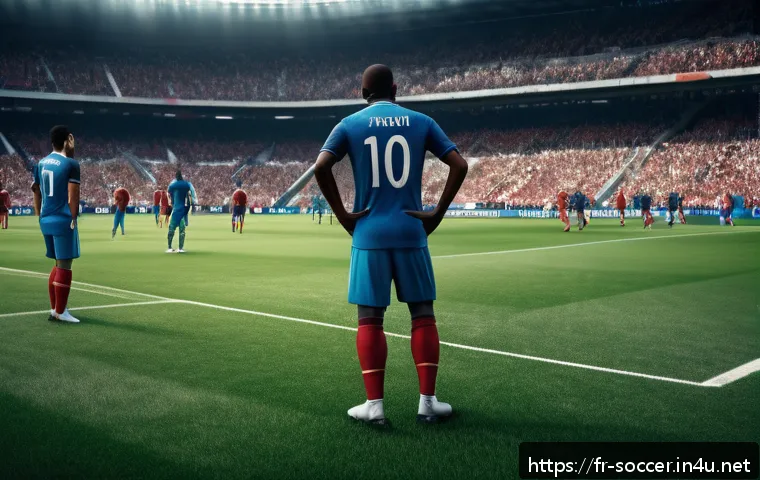 축구 관련 게임 추천 - A hyper-realistic football stadium scene during an intense match, featuring ultra-detailed player mo...