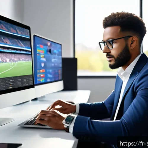 축구 전문 기자가 되는 법 - A modern sports journalist in a stylish newsroom, typing on a sleek laptop surrounded by multiple sc...