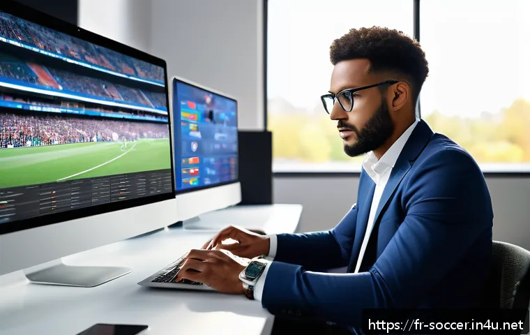 축구 전문 기자가 되는 법 - A modern sports journalist in a stylish newsroom, typing on a sleek laptop surrounded by multiple sc...