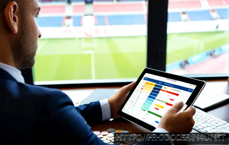 Home 17 축구 산업별 매출 데이터 - Photorealistic French football business analysis scene, a modern Paris office desk with a financial ...