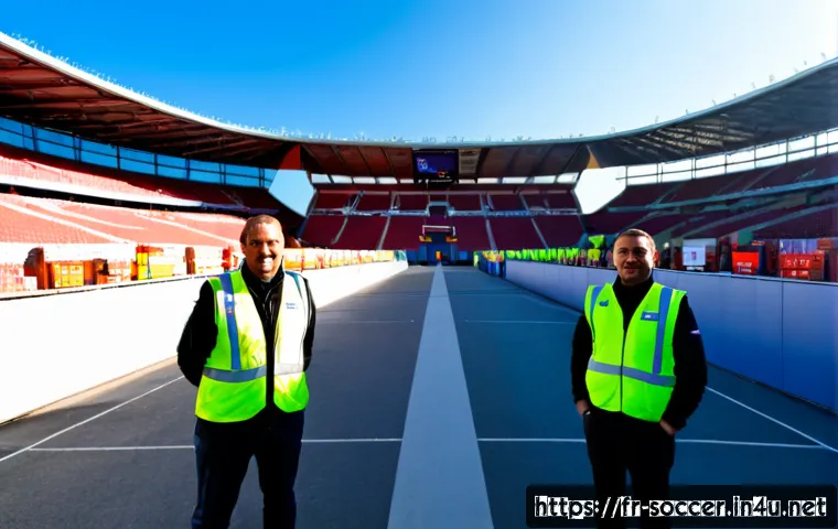 축구 경기장 안전 주의사항 - Photorealistic wide-angle view of a modern French football stadium entrance before a match, calm ste...