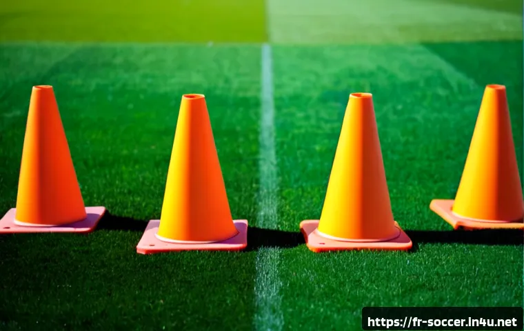 축구 훈련용 콘 추천 - Photorealistic product comparison scene of three sets of soccer training cones arranged neatly on a ...
