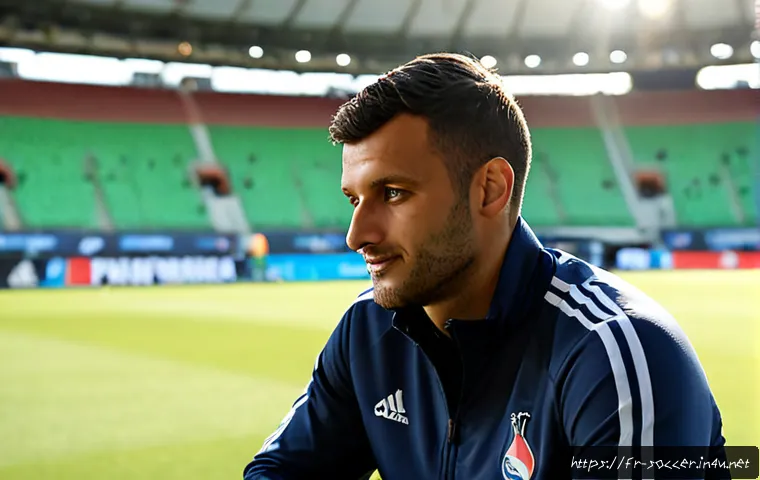 축구 스타 플레이어 인터뷰 - Photorealistic editorial scene of a celebrated French football player in a modern stadium press area...